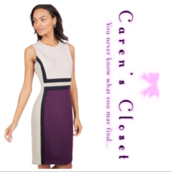 Calvin Klein Purple & Cream Scuba Sleeveless Sheath Dress - Picture 2 of 8